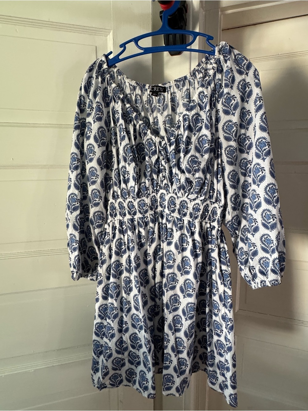 J. Crew Blue and White Smocked Floral Peasant Dress